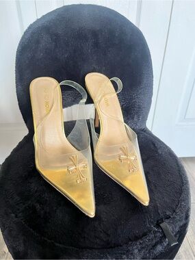 Gold Pointed Toe Slingback Heels with Clear Strap
